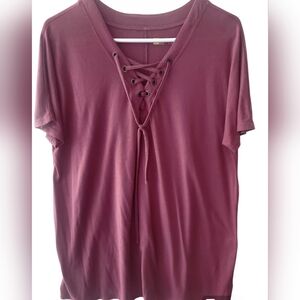 Xersion Women’s T-shirt Top Tee XXL 2X Brown Lace Up V-Neck Short Sleeve Stretc‎
